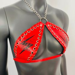 gothic black lightning print red vinyl vampira cross top bra