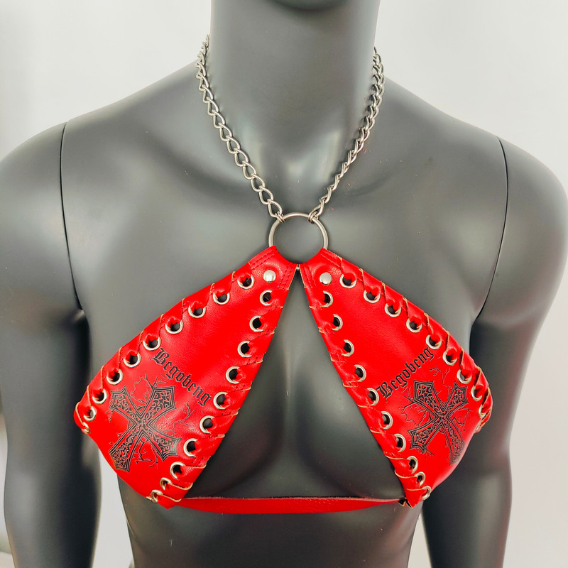Gothic Black Cross Print Red Vinyl Vampira Cross Top Bra 2