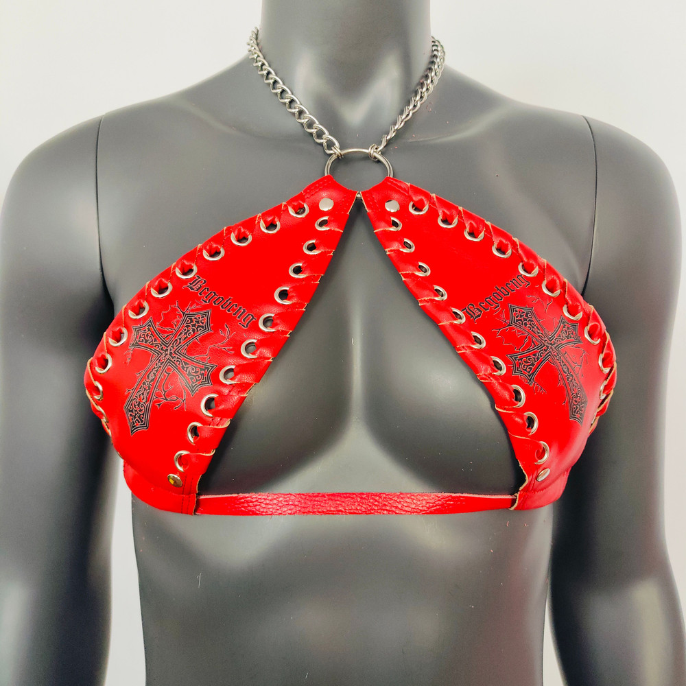 Gothic Black Cross Print Red Vinyl Vampira Cross Top Bra 1