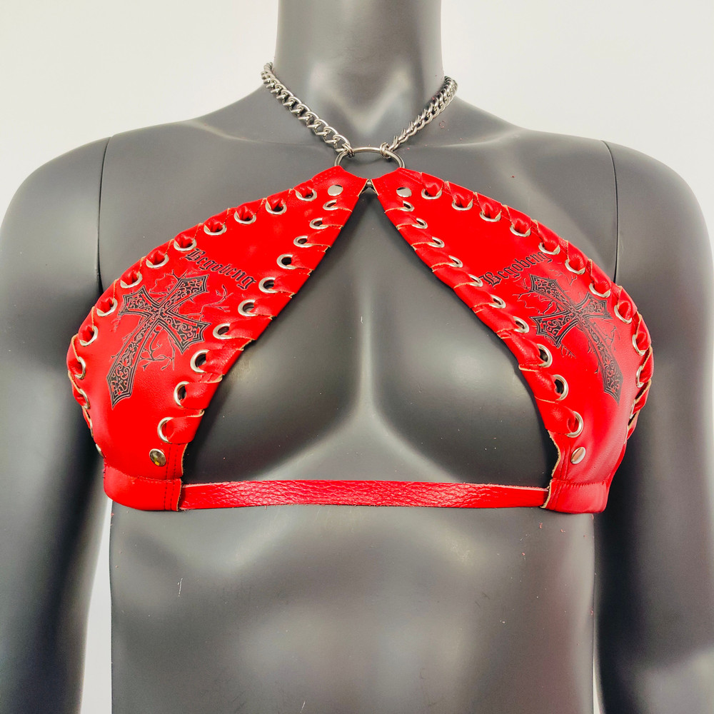 Gothic Black Cross Print Red Vinyl Vampira Cross Top Bra 3