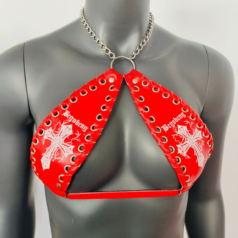 Gothic White Cross Print Red Vinyl Vampira Cross Top Bra 1