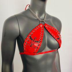 gothic black bull head print red vinyl vampira cross top bra