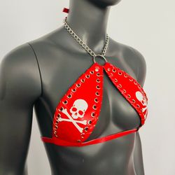 gothic white skull print red vinyl vampira cross top bra