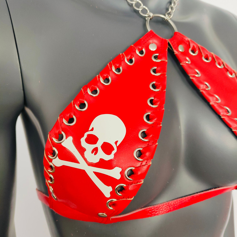 Gothic White Skull Print Red Vinyl Vampira Cross Top Bra 1