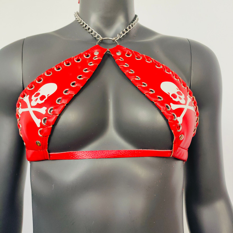 Gothic White Skull Print Red Vinyl Vampira Cross Top Bra 4
