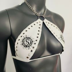 gothic black tai chi print white vinyl vampira cross top bra