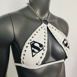 gothic black superman print white vinyl vampira cross top bra
