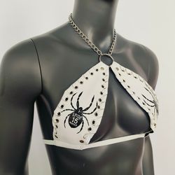 gothic black spider print white vinyl vampira cross top bra