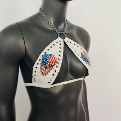 gothic stars and stripes skull print white vinyl vampira cross top bra