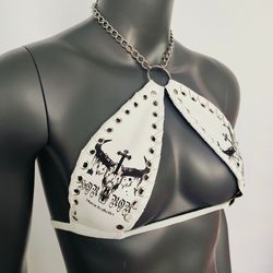 gothic black bull head skull print white vinyl vampira cross top bra