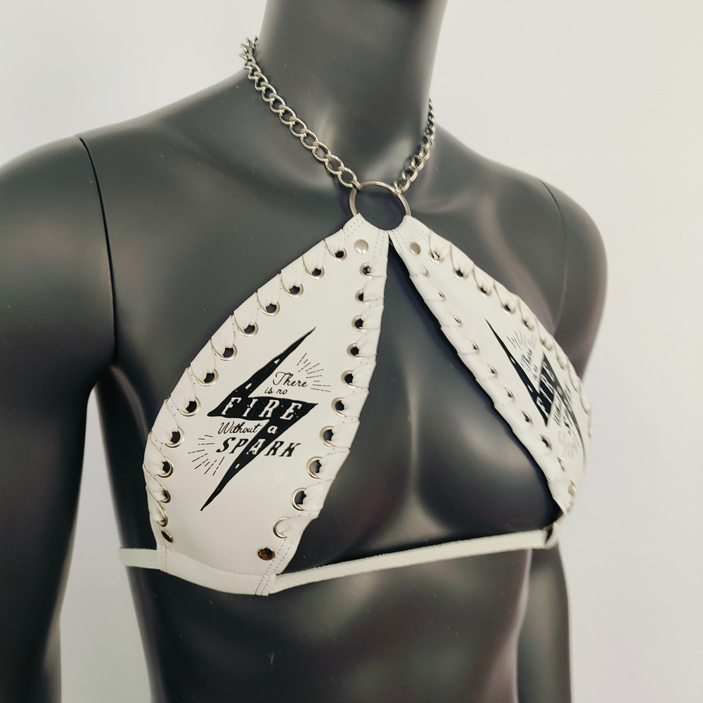 Gothic Black Lightning Print White Vinyl Vampira Cross Top Bra 0