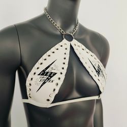 gothic black lightning print white vinyl vampira cross top bra