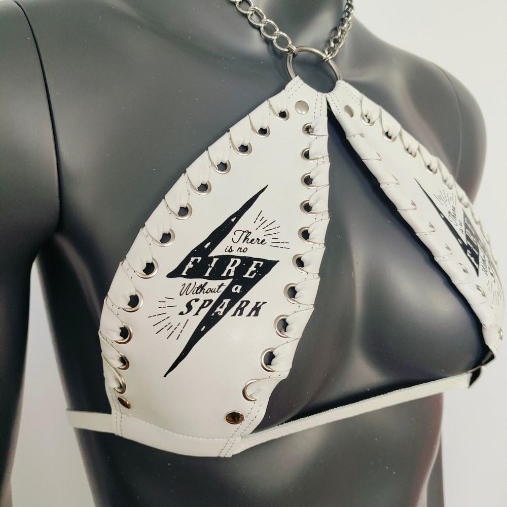 Gothic Black Lightning Print White Vinyl Vampira Cross Top Bra 1
