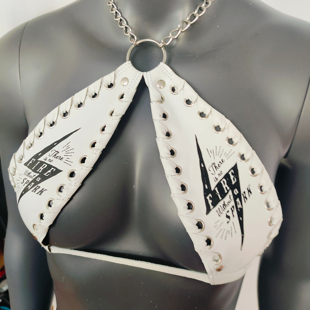 Gothic Black Lightning Print White Vinyl Vampira Cross Top Bra 2