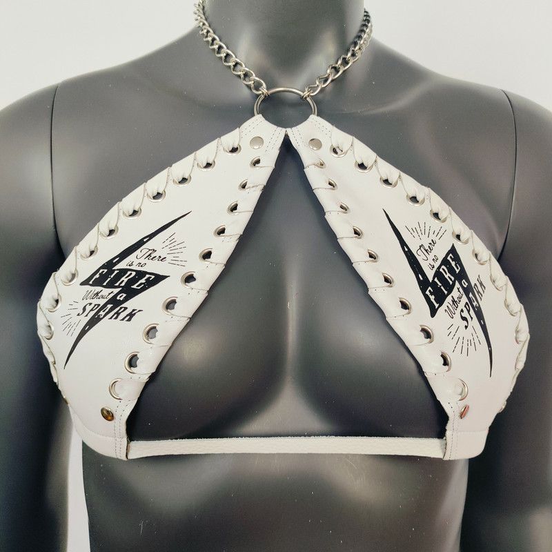Gothic Black Lightning Print White Vinyl Vampira Cross Top Bra 3