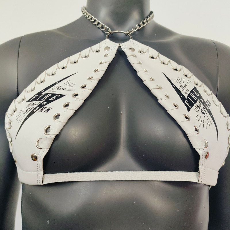 Gothic Black Lightning Print White Vinyl Vampira Cross Top Bra 4