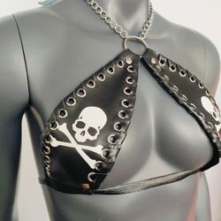 gothic white skull print black vinyl vampira cross top bra