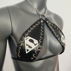gothic white superman print black vinyl vampira cross top bra