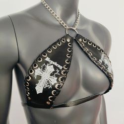 gothic white cross print black vinyl vampira cross top bra