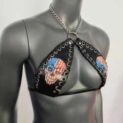gothic stars and stripes skull print black vinyl vampira cross top bra