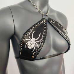 gothic white spider print black vinyl vampira cross top bra