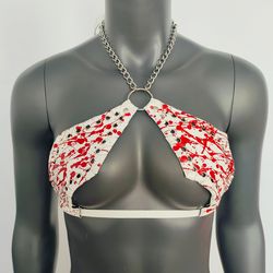 gothic vinyl white vampira - blood splatter cross top bra
