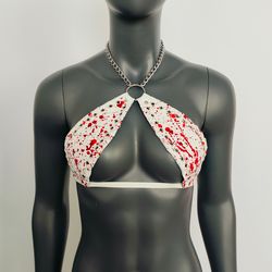 gothic white vinyl vampira - blood splatter cross top bra