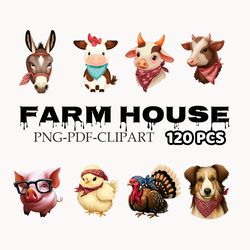 farm house animals png bundle, watercolor farm life, cottage clipart, pig cow chick turkey clipart bundle