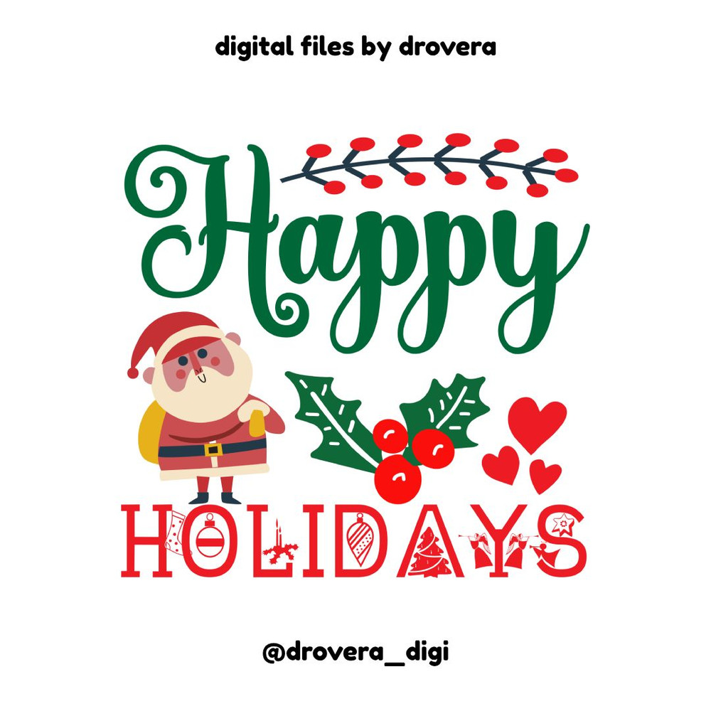 Happy Holidays Santa With Heart Christmas Typography Design PNG SVG EPS DXF Printable Cut Files 0
