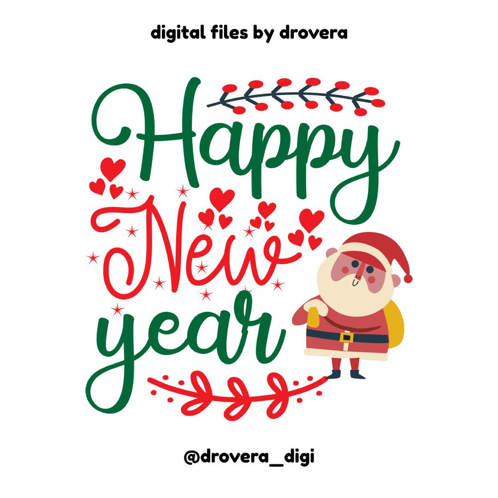 Happy New Year Santa With Heart Christmas Typography Design PNG SVG EPS DXF Printable Cut Files 0