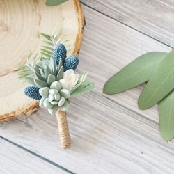 wedding boutonniere, grooms button hole, woodland boutonniere, navy blue boutonniere, succulent boutonniere