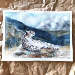 snow leopard original painting snow leopard watercolor painting animal fine art wildlife animal illustration