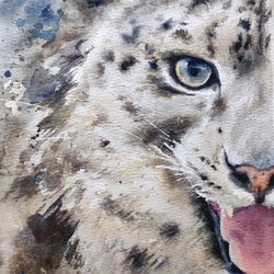 original snow leopard painting snow leopard face watercolor painting animal fine art wildlife animal illustration cat