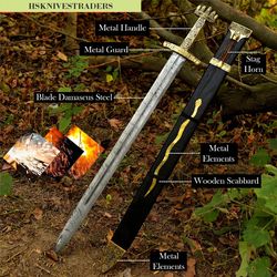 hand forged damascus steel full tang knightly arming sword | medieval european functional viking sword best gift for him