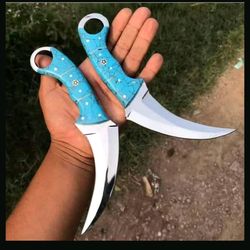 9"karambit knife d2 steel, handmade tectical knife with leather sheath, antique stone handle,best gift for him