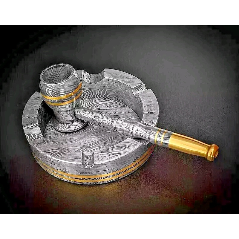 Handmade Damascus Steel Pipe  Ayshtray Set Best Gift For Husband Gift For Her Birthday 0