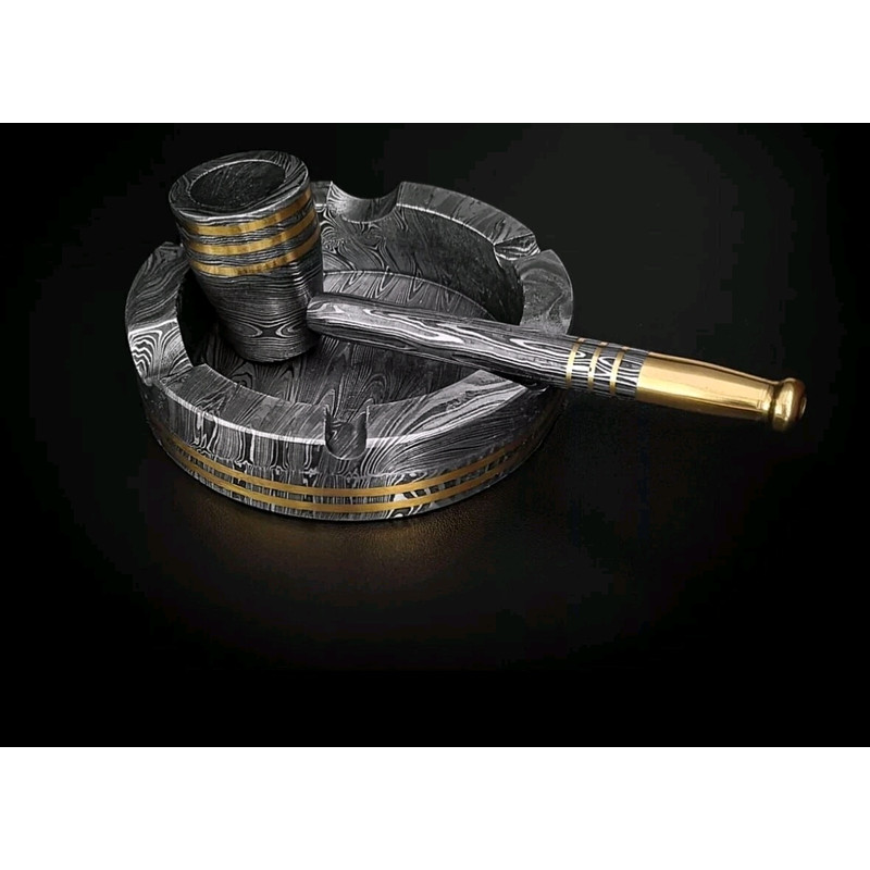 Handmade Damascus Steel Pipe  Ayshtray Set Best Gift For Husband Gift For Her Birthday 1