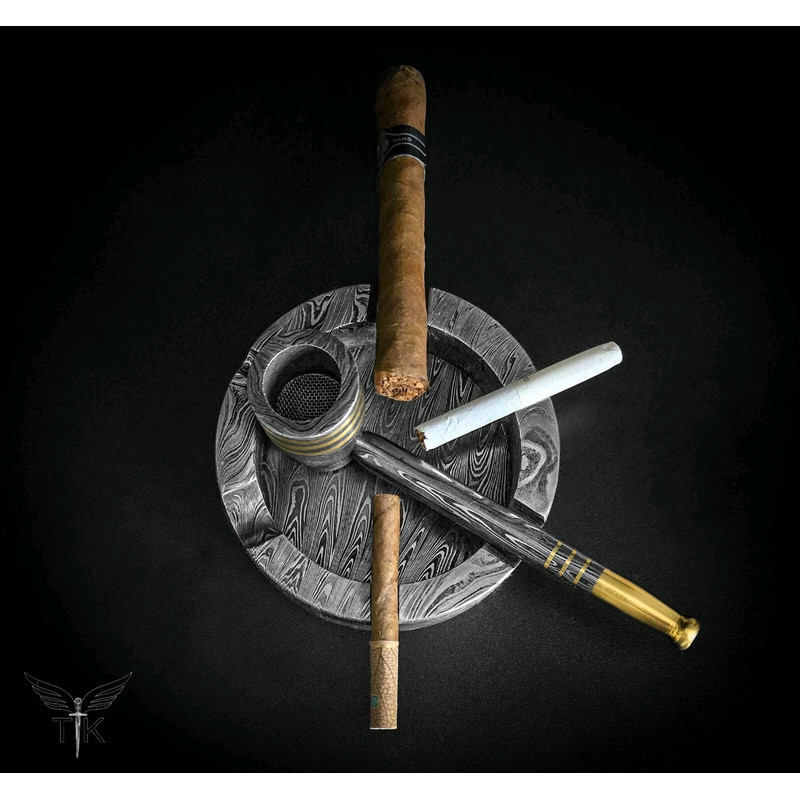 Handmade Damascus Steel Pipe  Ayshtray Set Best Gift For Husband Gift For Her Birthday 3