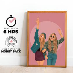 best friend cartoon portrait, birthday gift for her, personalized gift for friend, faceless portrait for bestie