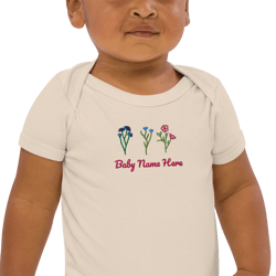 personalized organic baby onesie with custom name & embroidery