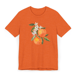 orange t-shirt with watercolor peach and blossom print – vibrant summer fruit graphic tee for women & men