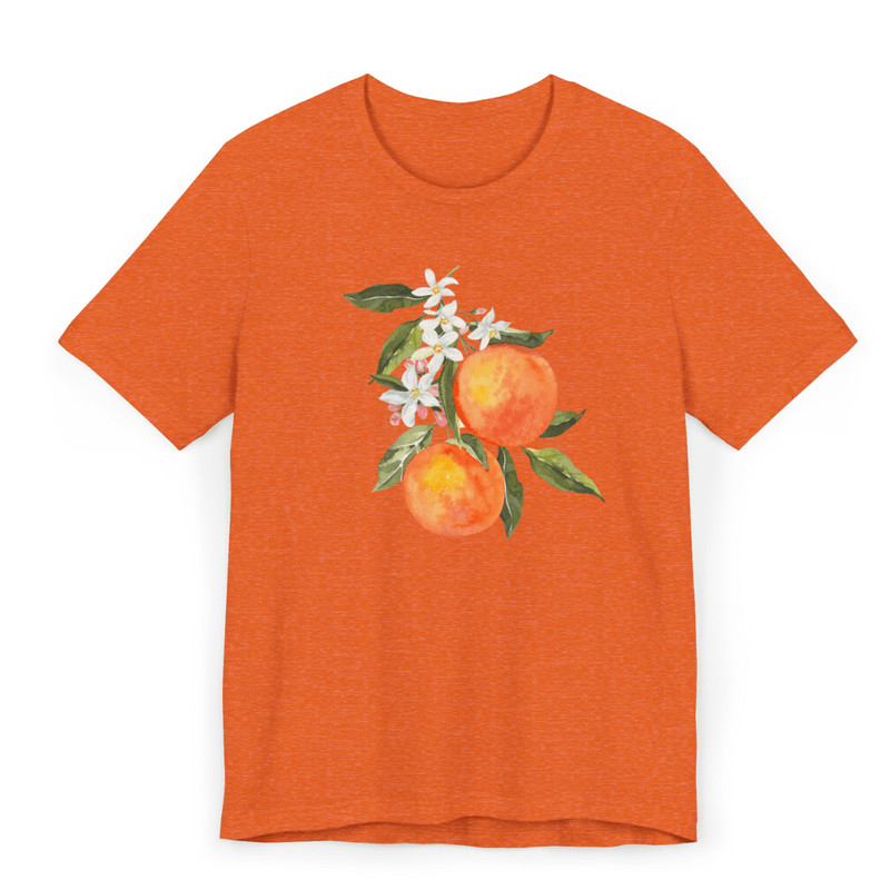 Orange TShirt With Watercolor Peach And Blossom Print  Vibrant Summer Fruit Graphic Tee For Women   0