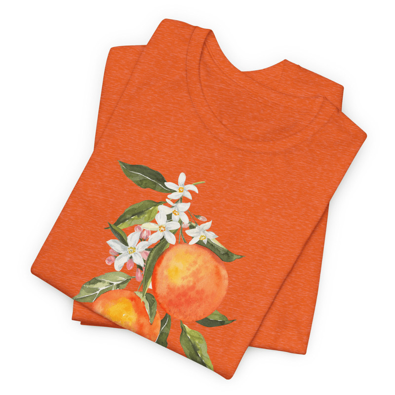 Orange TShirt With Watercolor Peach And Blossom Print  Vibrant Summer Fruit Graphic Tee For Women   2