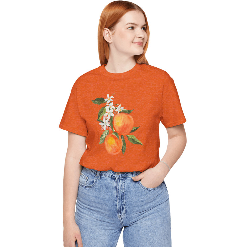 Orange TShirt With Watercolor Peach And Blossom Print  Vibrant Summer Fruit Graphic Tee For Women   4