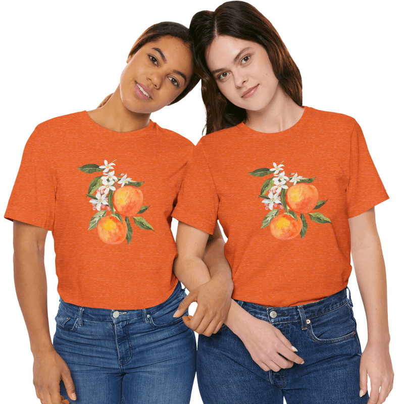 Orange TShirt With Watercolor Peach And Blossom Print  Vibrant Summer Fruit Graphic Tee For Women   5