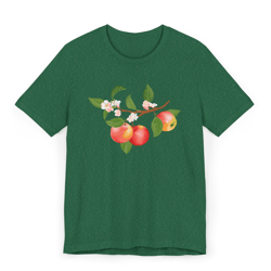 green t-shirt with apple blossom print – nature inspired fruit graphic tee for women & men – soft cotton casual wear