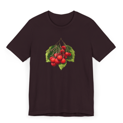 oxblood black t-shirt with cherry fruit print – botanical graphic tee – unisex nature-inspired casual cotton shirt
