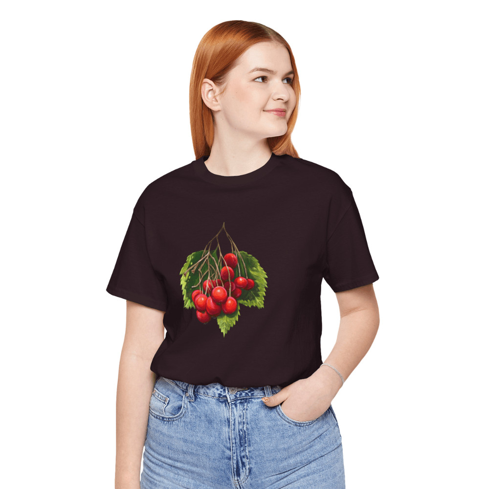 Oxblood Black TShirt With Cherry Fruit Print  Botanical Graphic Tee  Unisex NatureInspired Casual C 4