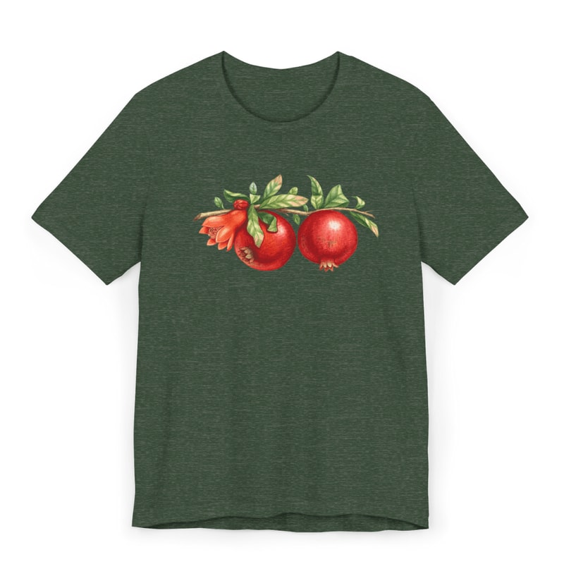 Heather Forest TShirt With Pomegranate Print Unisex Botanical Fruit Tee NatureInspired Green Cott 0