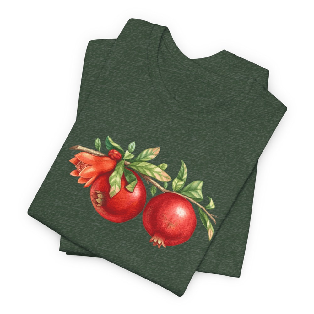 Heather Forest TShirt With Pomegranate Print Unisex Botanical Fruit Tee NatureInspired Green Cott 2